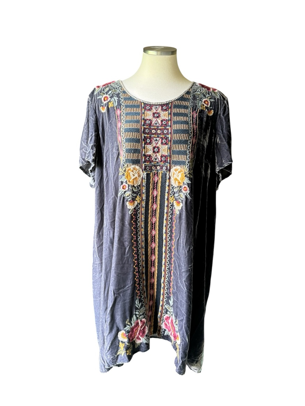 Johnny Was Slate Embroidered Short-Sleeve Boho mini Dress with Multicolor Floral